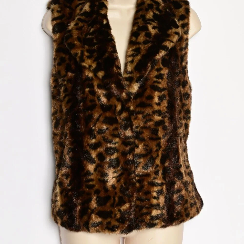 CALVIN KLEIN Rich Brown & Black Faux Fur Sleeveless Vest with Pockets - Medium - Picture 2 of 7